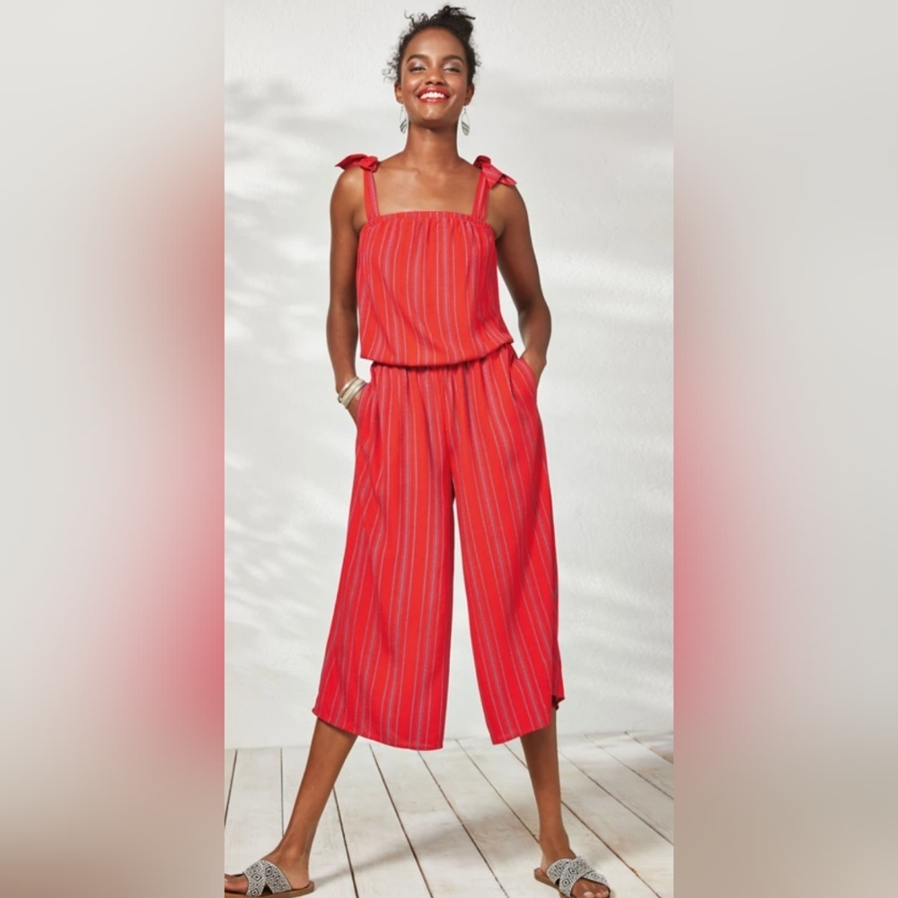 Tie Shoulder Red And Blue Jumpsuit, Size Small